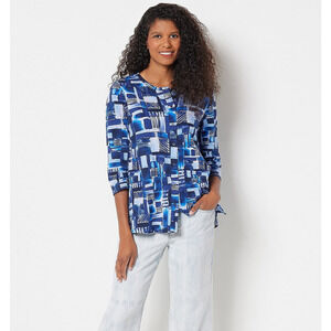 LOGO Lori Goldstein Size Large Printed Cotton Slub 3/4 Sleeve Cardigan Blue